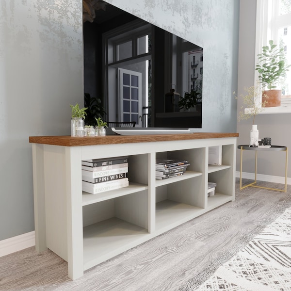 Flash Furniture Kilead Farmhouse TV Stand for up to 80in. Engineered Wood Console w/Open Storage, White w/Walnt Top GC-MBLK66-WH-GG - main